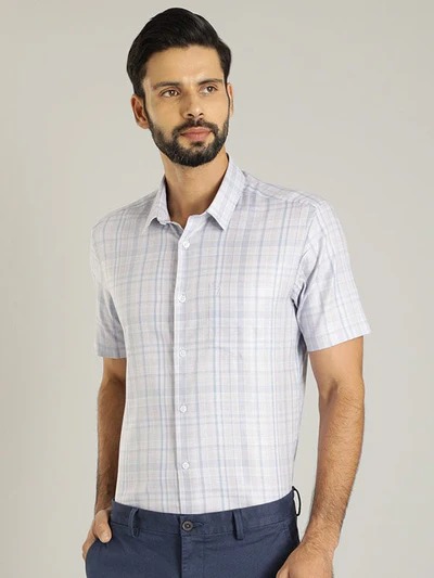 Indian Terrain Men's Slim Fit Half Sleeve Checkered Purple Shirt